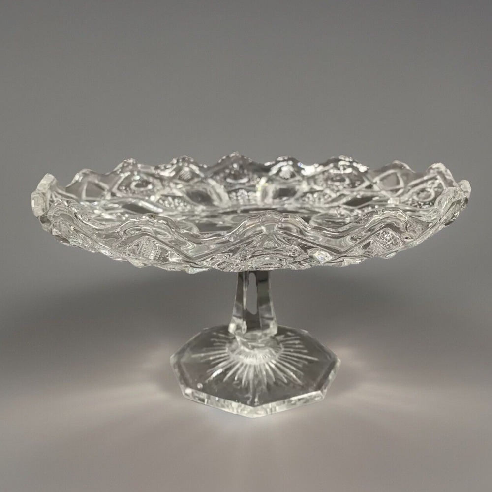 Panama EAPG Clear Pressed Glass Pedestal Cake Stand Scalloped Rim Starburst Base